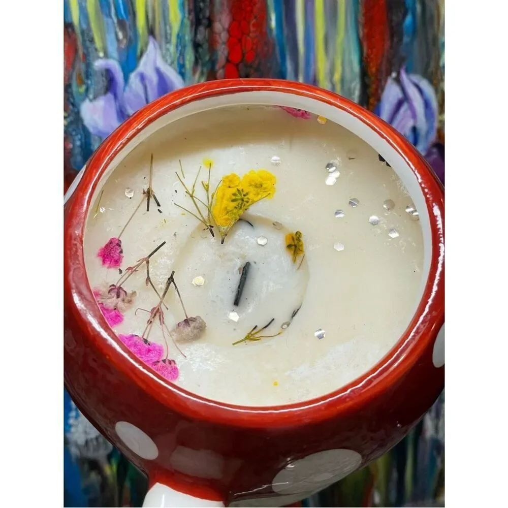 Market Square Mushroom Shaped Red Polka Dot Ceramic Mug Glittery Flower Candle